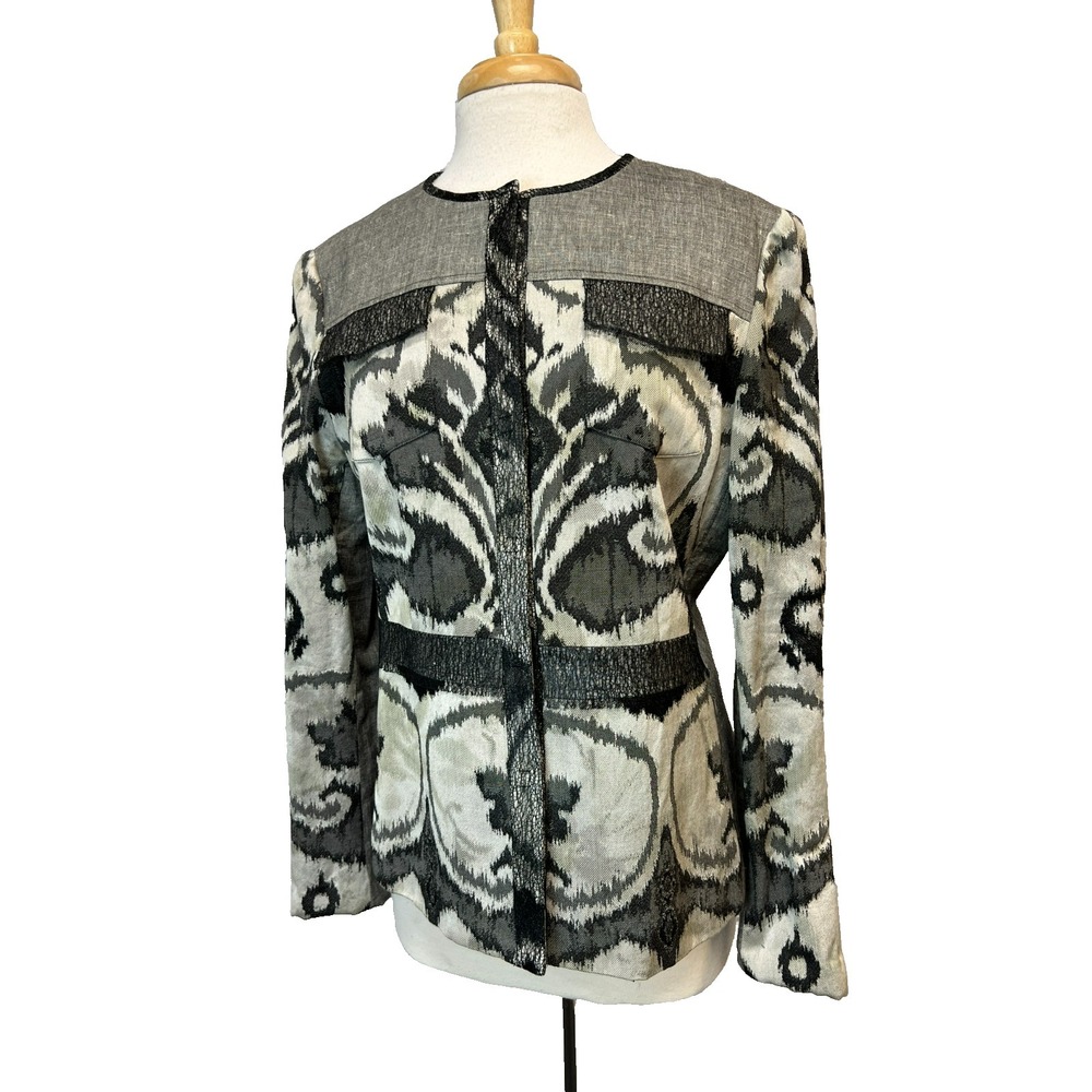 Elie Tahari Fashion Jacket Gray Mix Pattern Collarless Snap Closure Lined SZ L